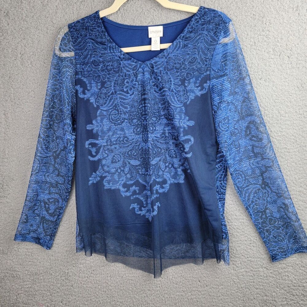 Chicos Blue Paisley Sheer Layered Tunic Top Size 0 Long Sleeve V Neck Flowy